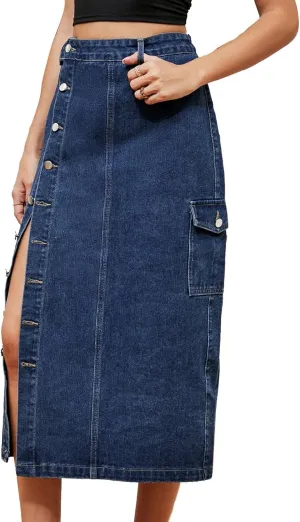 High Waisted Split Jean Skirt for Women Button Front Pencil Denim Midi Skirt