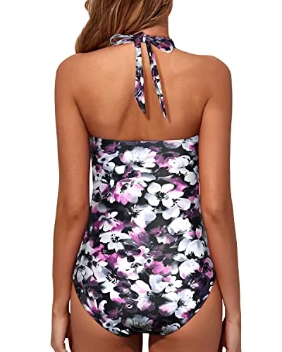 High Waisted Swimsuits Halter Vintage Swimwear-Purple Flowers