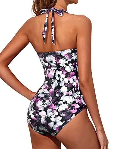 High Waisted Swimsuits Halter Vintage Swimwear-Purple Flowers
