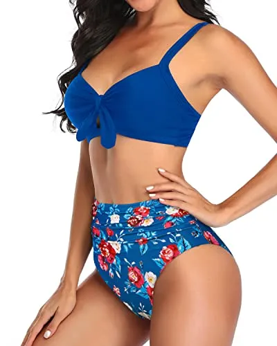 High Waisted Tummy Control Two Piece Bathing Suits For Women Bikini-Blue Floral