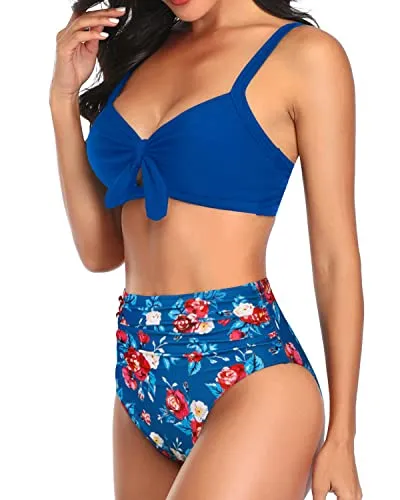 High Waisted Tummy Control Two Piece Bathing Suits For Women Bikini-Blue Floral