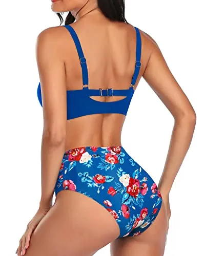 High Waisted Tummy Control Two Piece Bathing Suits For Women Bikini-Blue Floral