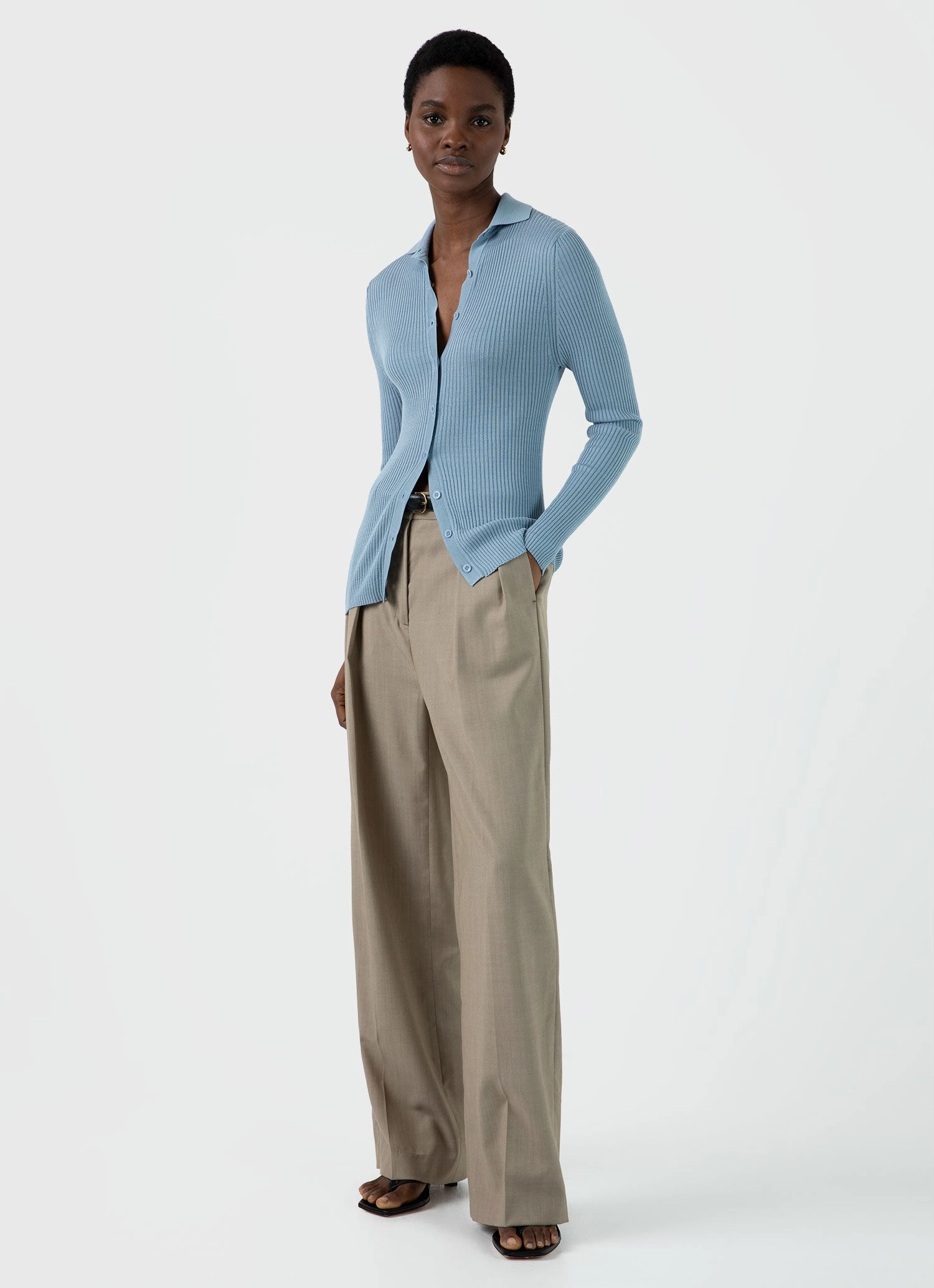 WrinkleResistant Base Layer Women's Mulberry Silk Rib Cardigan in Light Blue