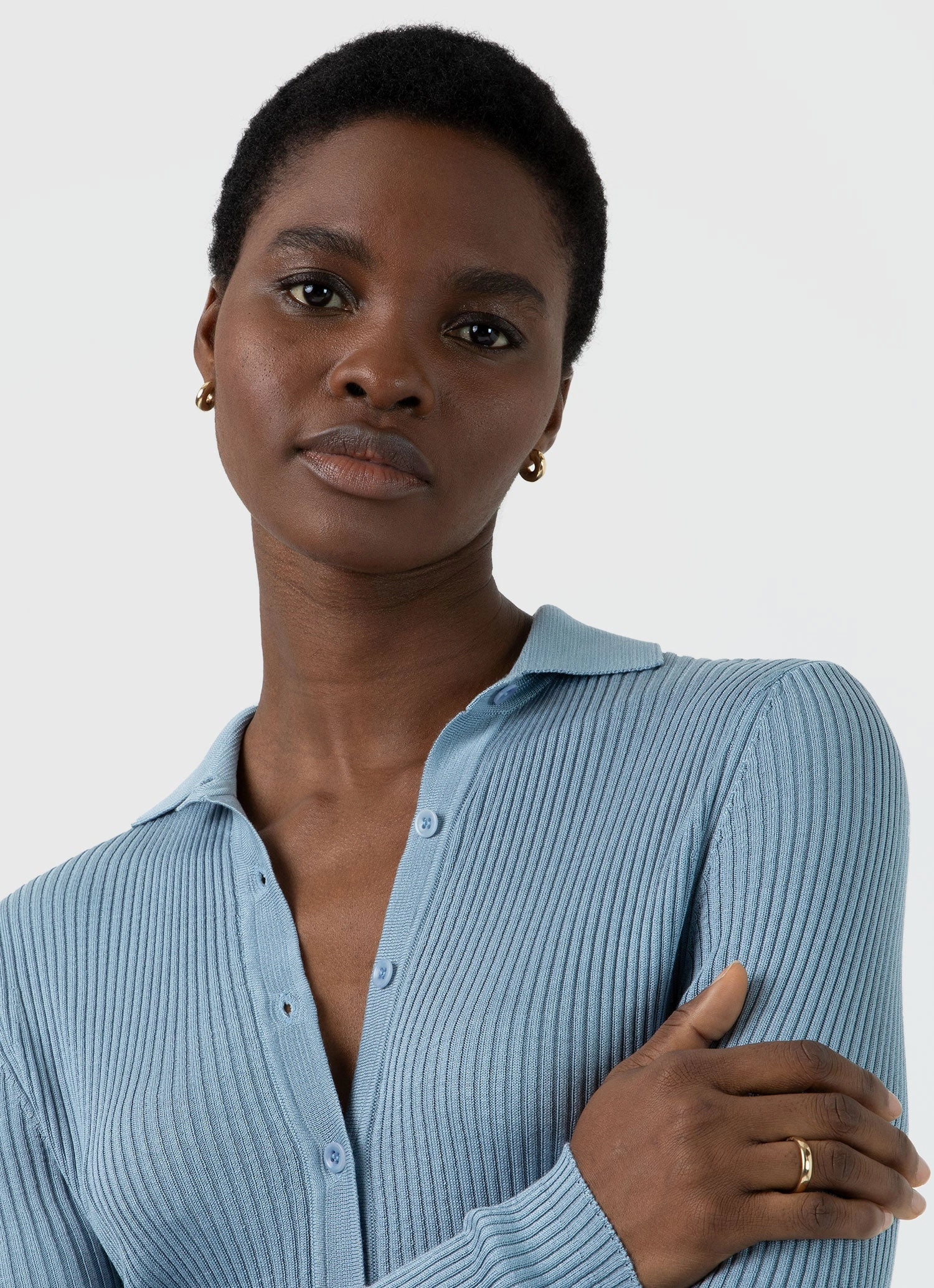 Women's Mulberry Silk Rib Cardigan in Light Blue Layered HeatTrap Stitching Essential Layer