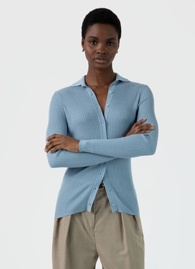 High Elasticity Edging Women's Mulberry Silk Rib Cardigan in Light Blue Women's Mulberry Silk Rib Cardigan in Light Blue Light Cover