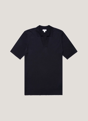 High-end Comfort Men's Fine Rib Silk Cotton Polo Shirt in Navy Men's Fine Rib Silk Cotton Polo Shirt in Navy Vibrant Wear Breathable Material