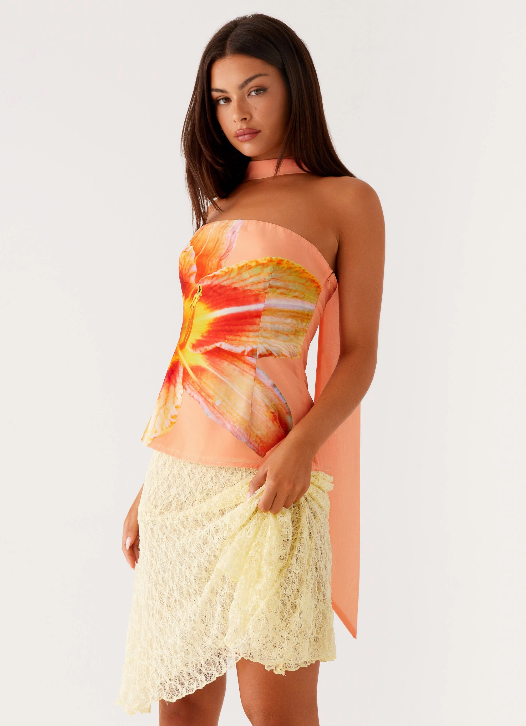 Bohemian style Modular Pocket Layout Blaise Scarf Top - Orange Floral