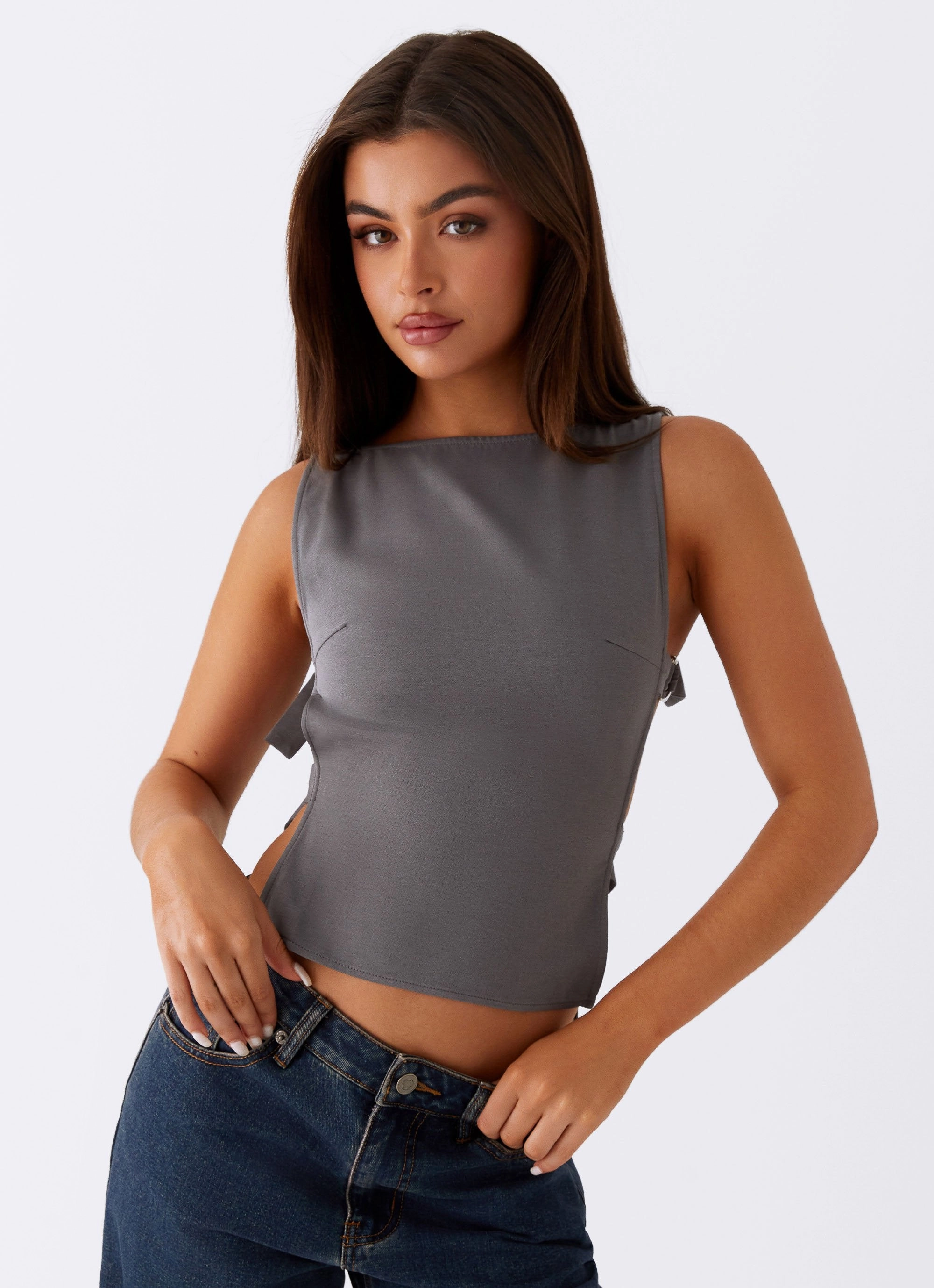 Cherish You Buckle Top - Charcoal Contoured Side Panels Reinforced Stitching