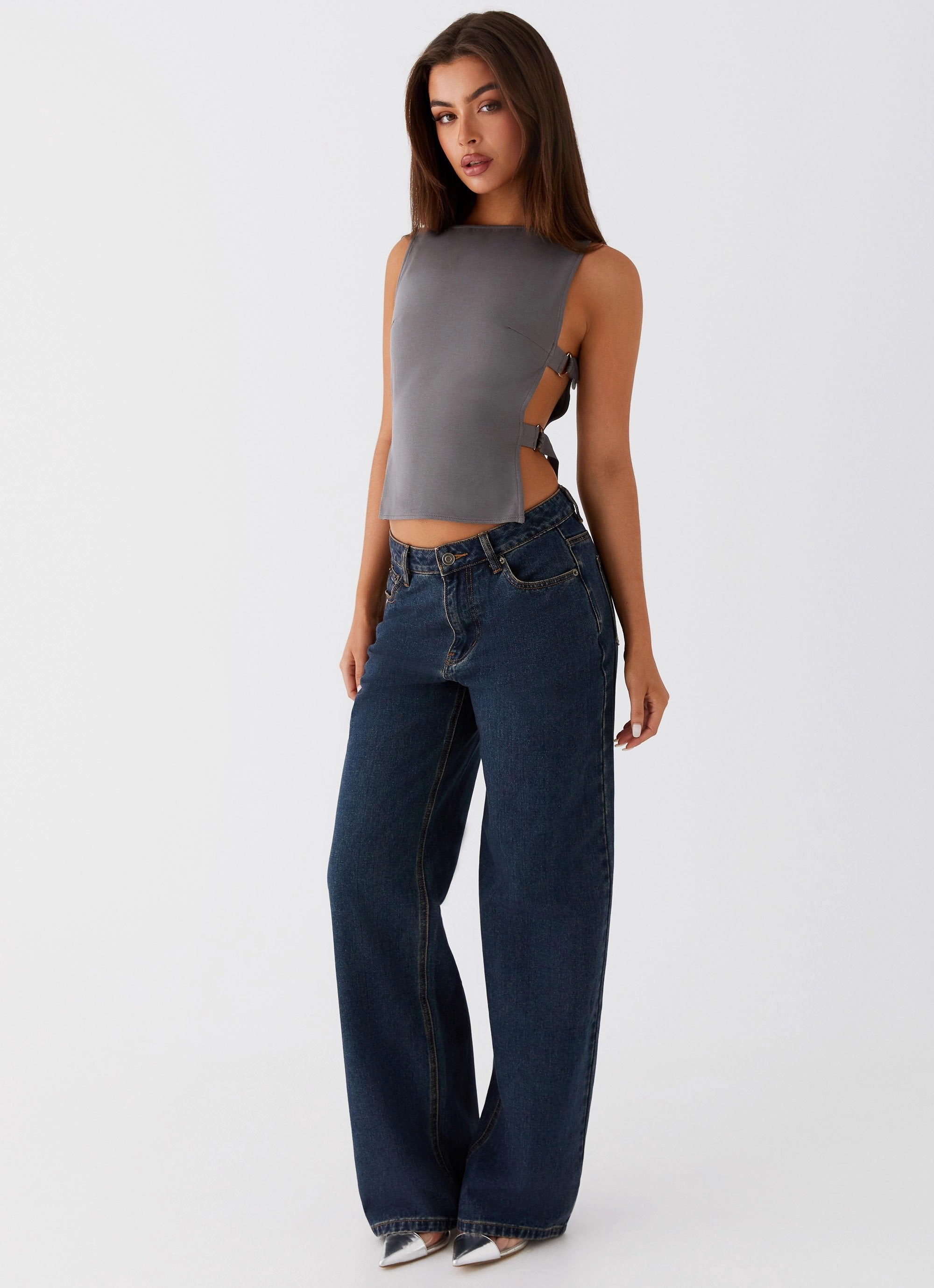 Fashionable Look Comfort Cushion Neckline Cherish You Buckle Top - Charcoal