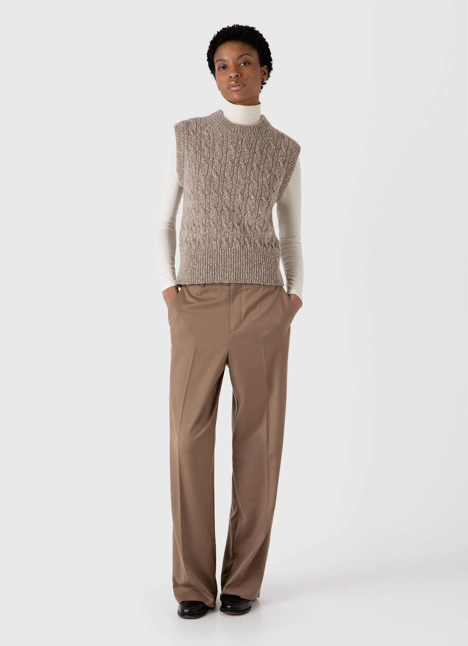 Women's Cable Knit Vest in Camel Twist Comfort Stretch Unisex Appeal