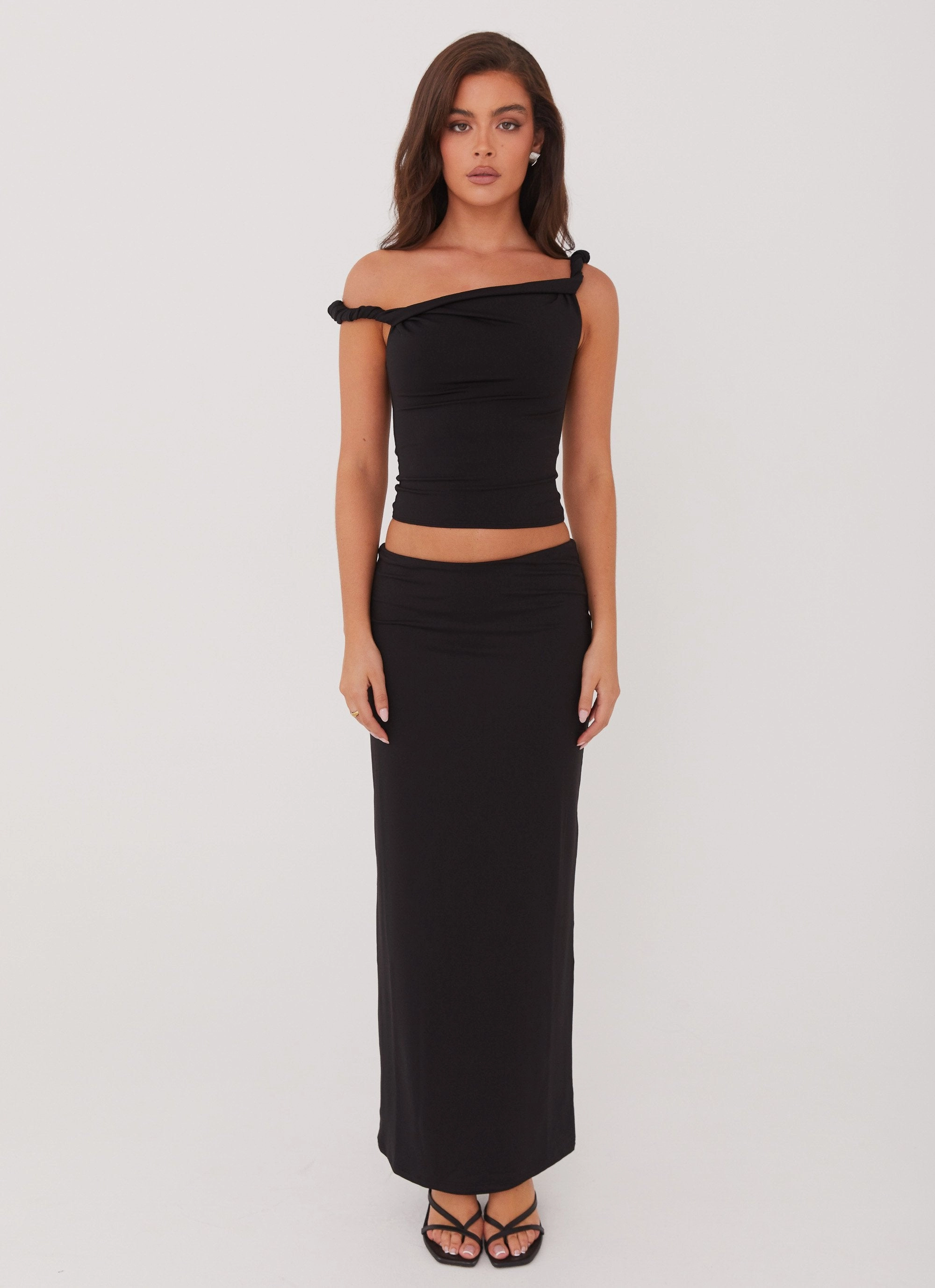 Solace Soul Twist Shoulder Top - Black Stretchable Waistband