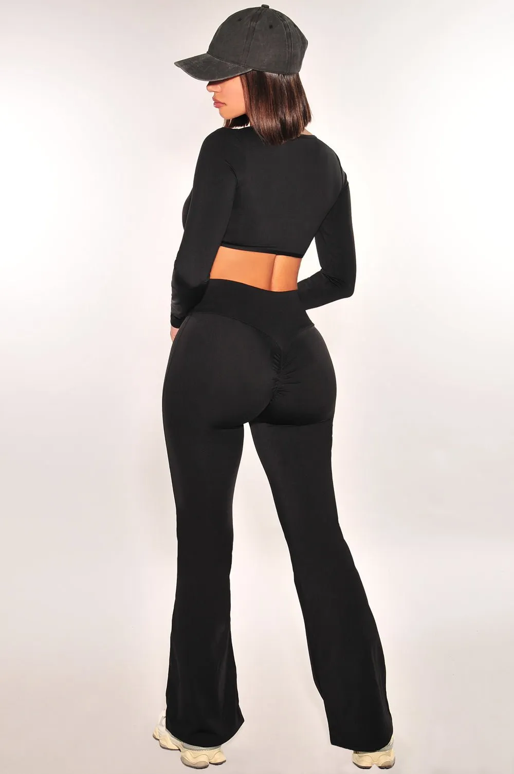 HMS Fit: Black Long Sleeve High Waist Scrunch Butt Flare Leggings Two Piece Set