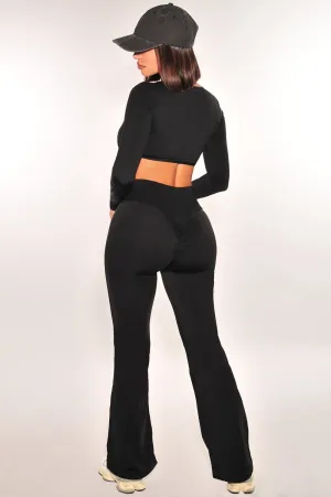 HMS Fit: Black Long Sleeve High Waist Scrunch Butt Flare Leggings Two Piece Set
