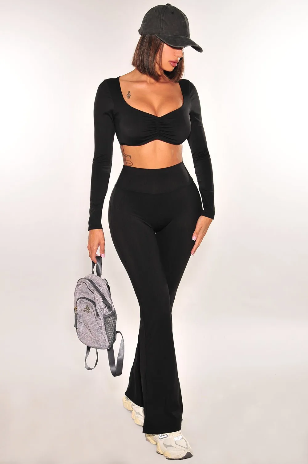 HMS Fit: Black Long Sleeve High Waist Scrunch Butt Flare Leggings Two Piece Set