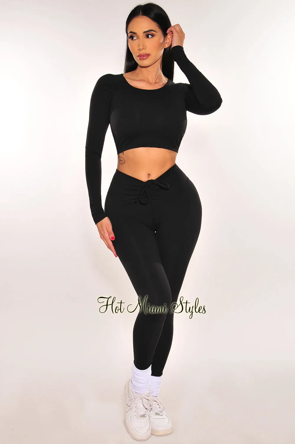 HMS Fit: Black Padded Long Sleeve Lace Up Back Scrunch Butt Leggings Two Piece Set