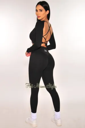 HMS Fit: Black Padded Long Sleeve Lace Up Back Scrunch Butt Leggings Two Piece Set