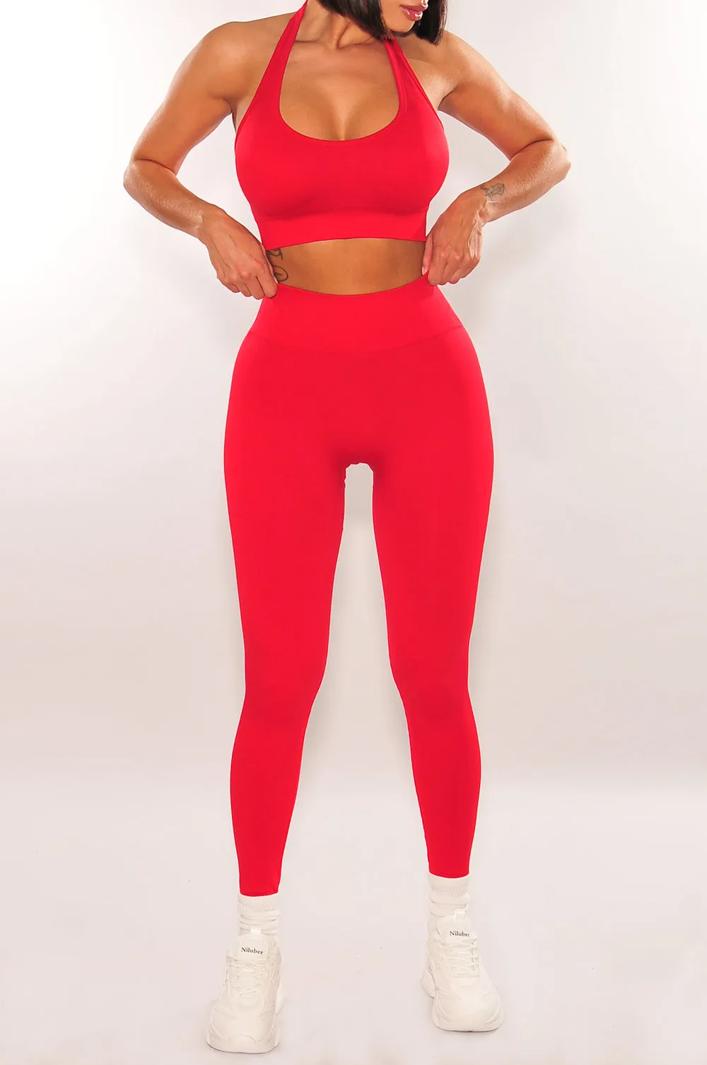 HMS Fit: Red Halter Padded Sports Bra High Waist Scrunch Butt Leggings Two Piece Set