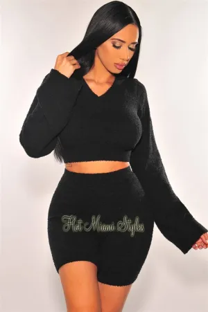 HMS Lounge: Black Fuzzy Bell Sleeves Biker Shorts Two Piece Set