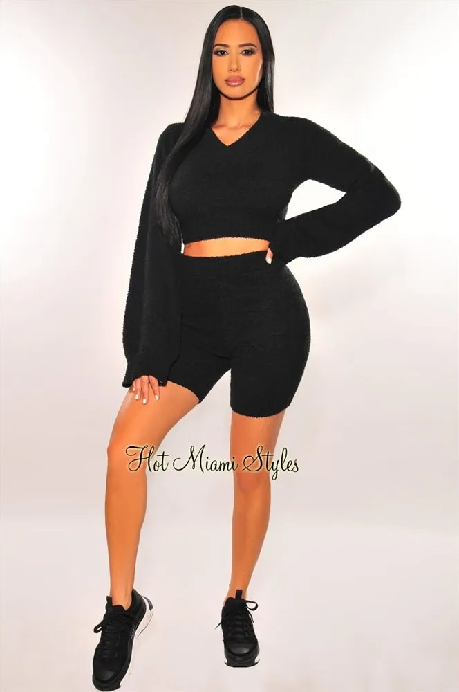 HMS Lounge: Black Fuzzy Bell Sleeves Biker Shorts Two Piece Set