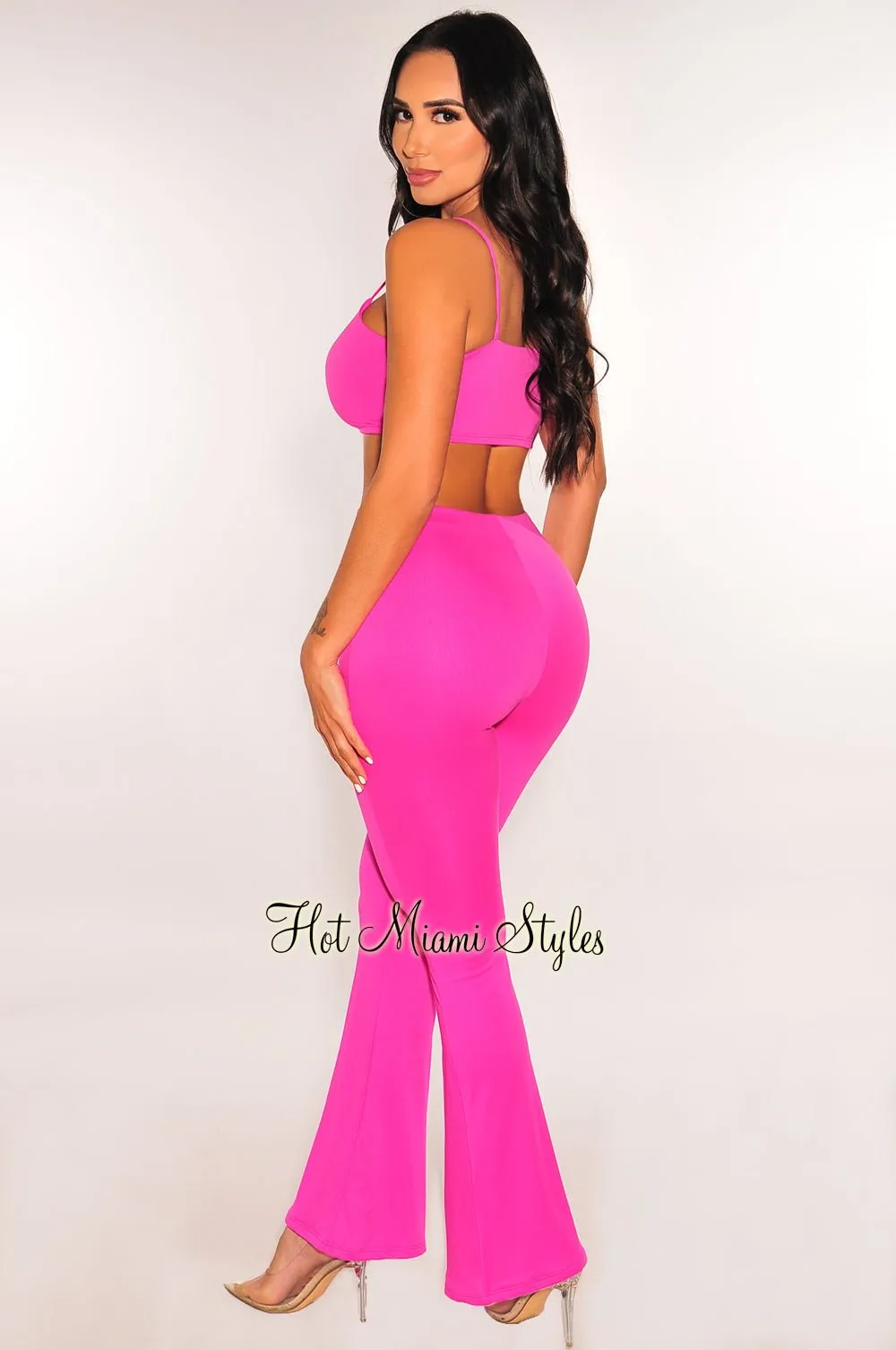 HMS Lounge: Fuchsia Spaghetti Strap Round Neck Flare Pants Two Piece Set
