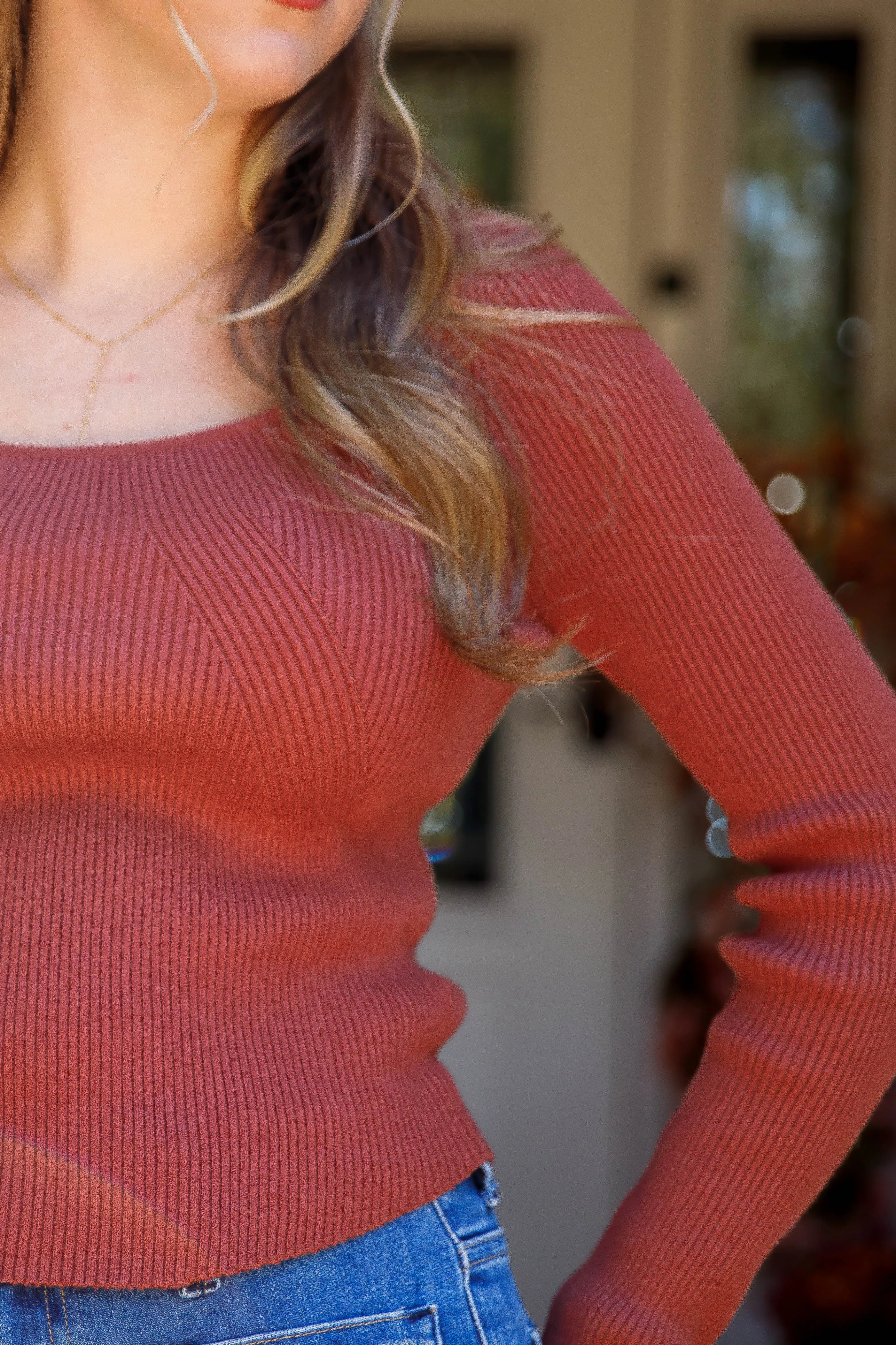 Ergonomic Cut Holding On To Faith Ribbed Top-Rust