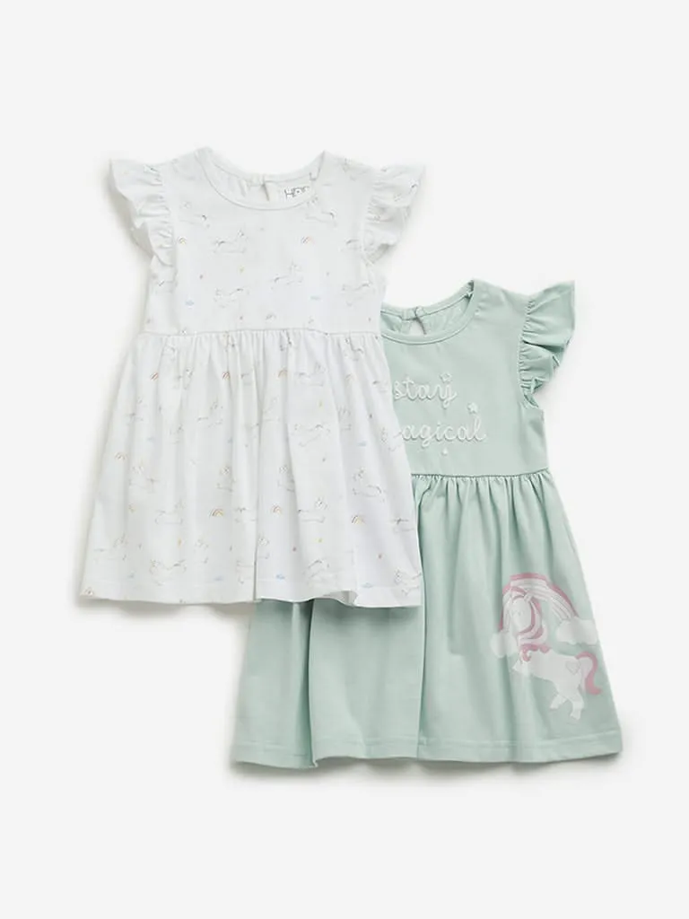HOP Baby White Unicorn Design A-line Dress - Pack of 2