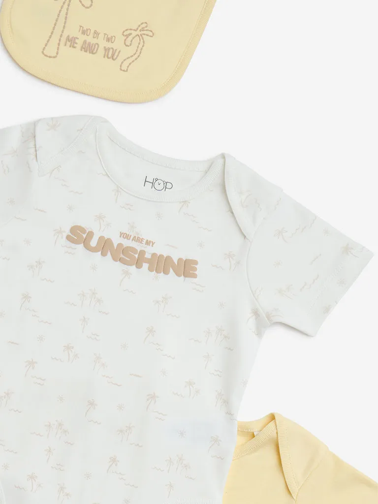 HOP Baby Yellow Cotton Rompers with Bib - Pack of 2