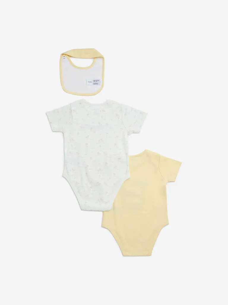 HOP Baby Yellow Cotton Rompers with Bib - Pack of 2