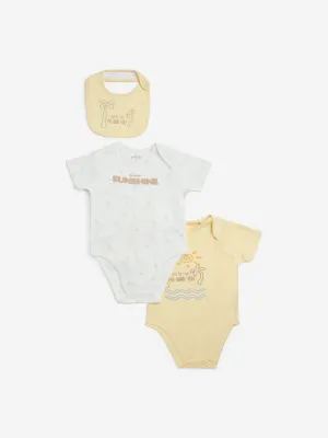 HOP Baby Yellow Cotton Rompers with Bib - Pack of 2