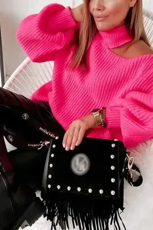 Hot Pink Shoulder Cutout Puffy Sleeve Sweater