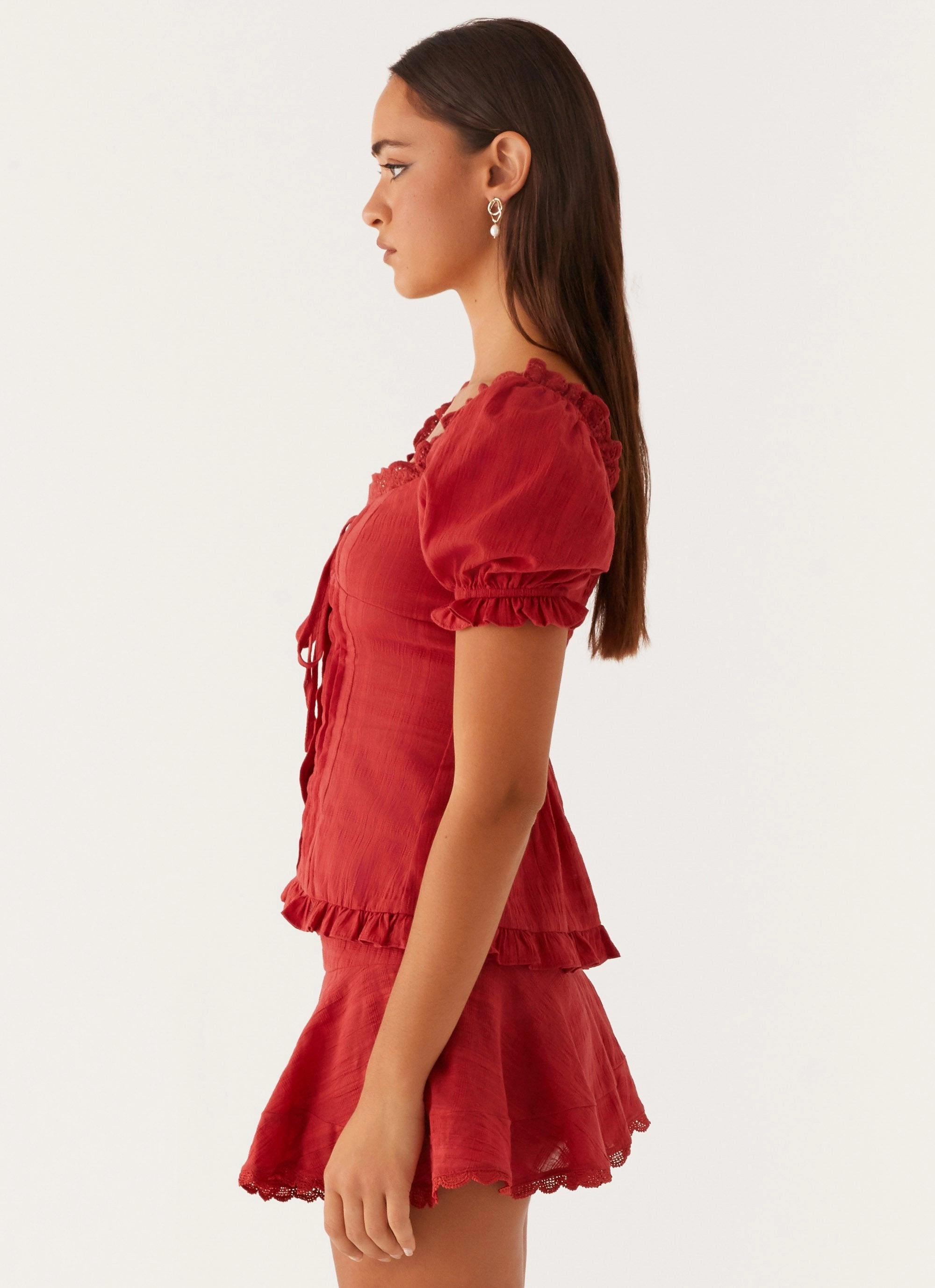 Drop Shoulder Curved Hemline Hundred Percent Puff Sleeve Top - Red