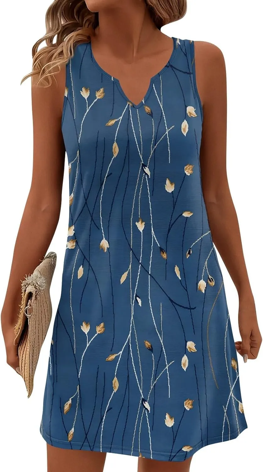 HXHYQKP Sun Dresses for Women 2025 Vacation Summer Casual Sleeveless Tank Dress Beach Cover Ups Trendy Midi Sundress