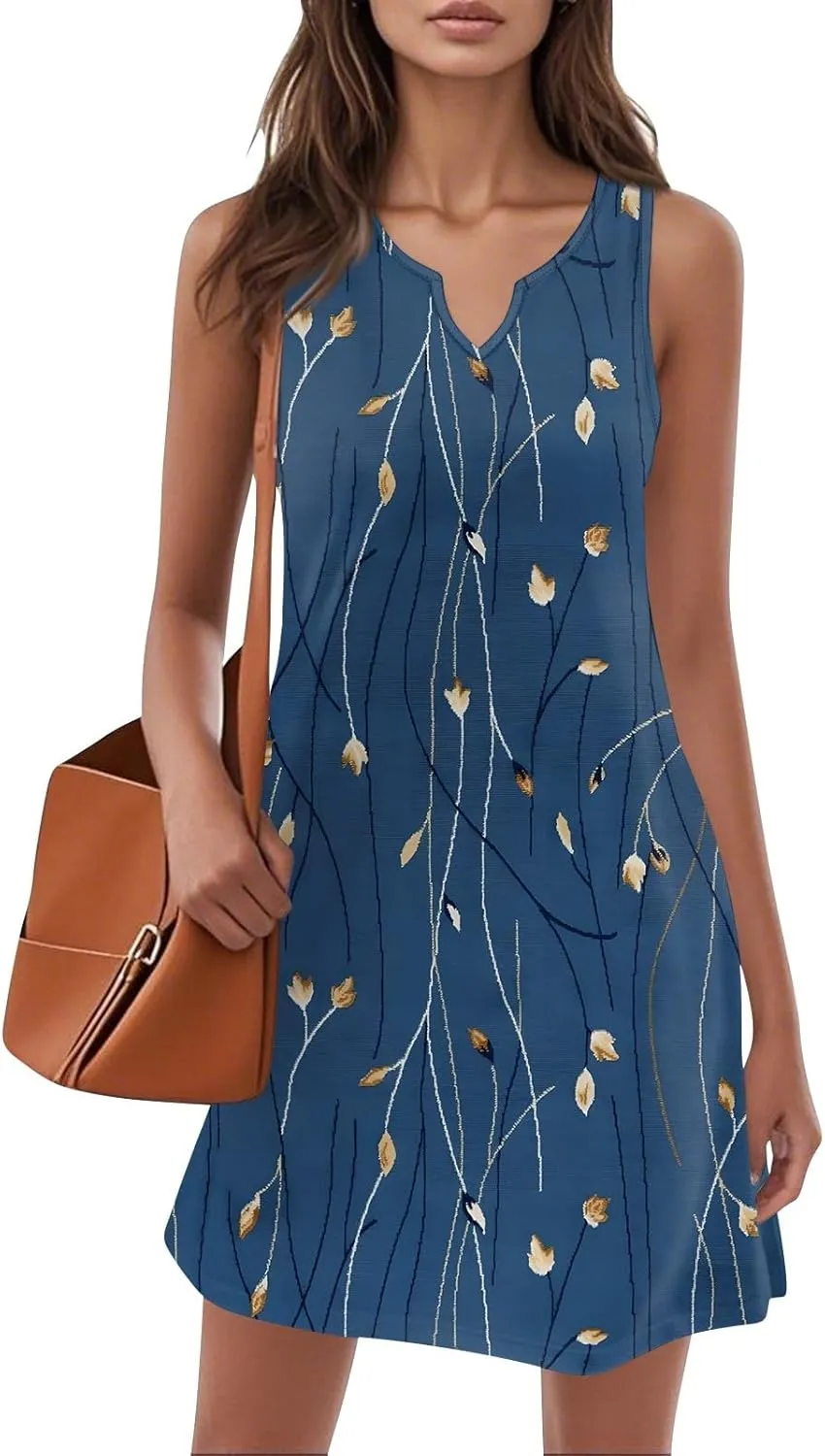 HXHYQKP Sun Dresses for Women 2025 Vacation Summer Casual Sleeveless Tank Dress Beach Cover Ups Trendy Midi Sundress