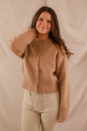 StretchTechnology V Neck Design Totally Smitten Cardigan-Taupe