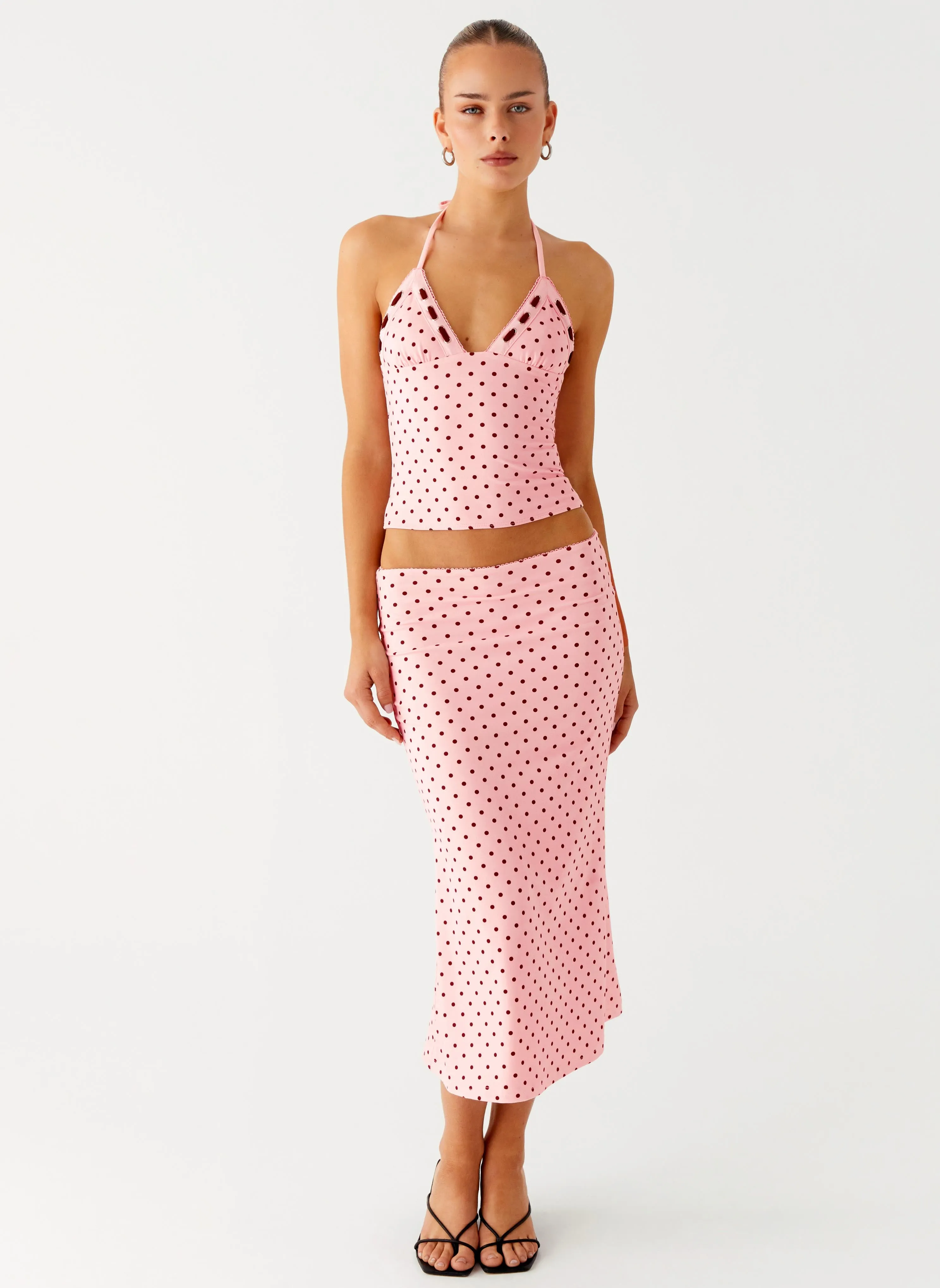UVProtectionCoating SoftTouchFinish Bahama Low Rise Midi Skirt - Strawberry Dot