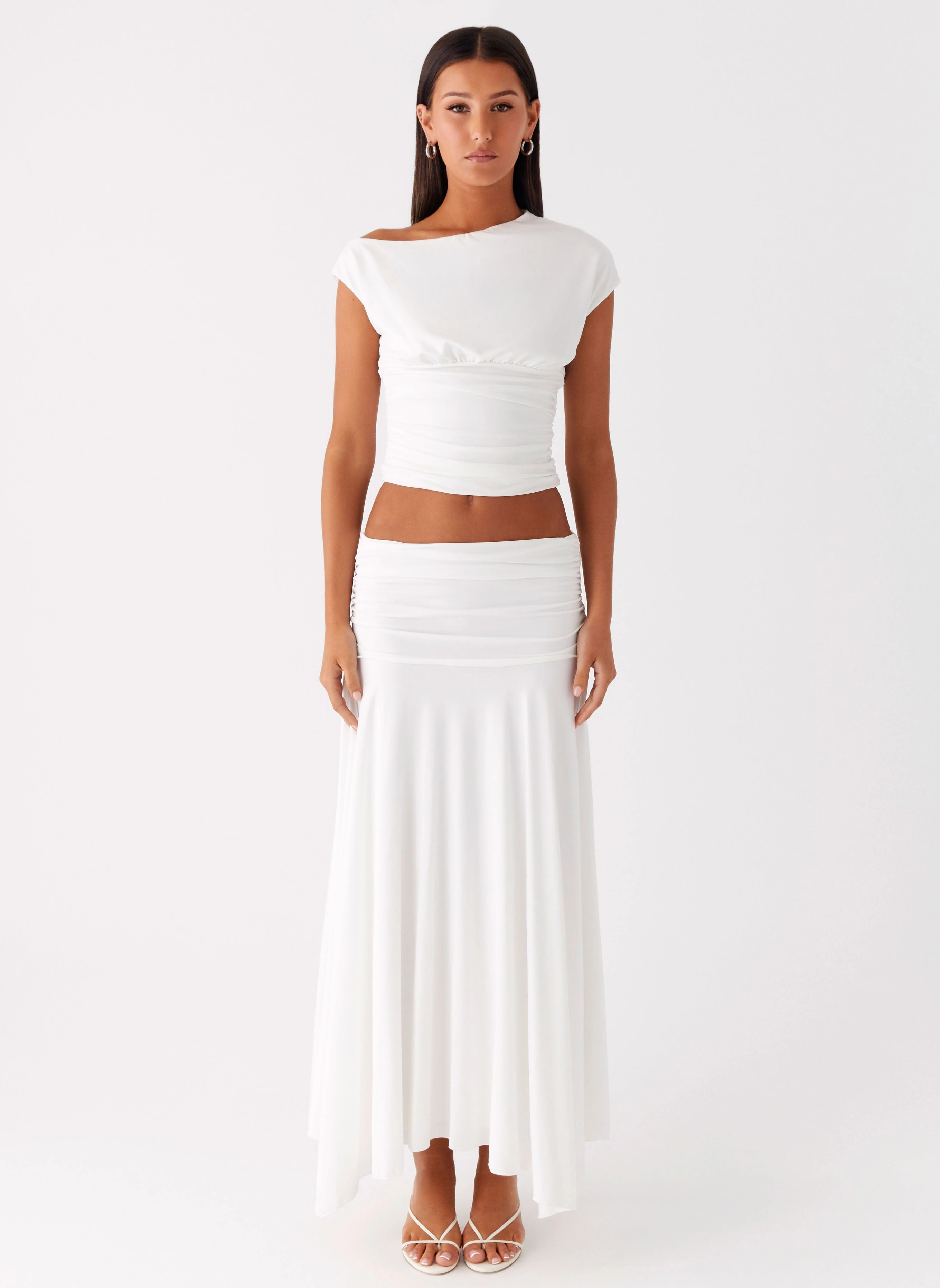 Liana Ruched Maxi Skirt - White Minimalist Style