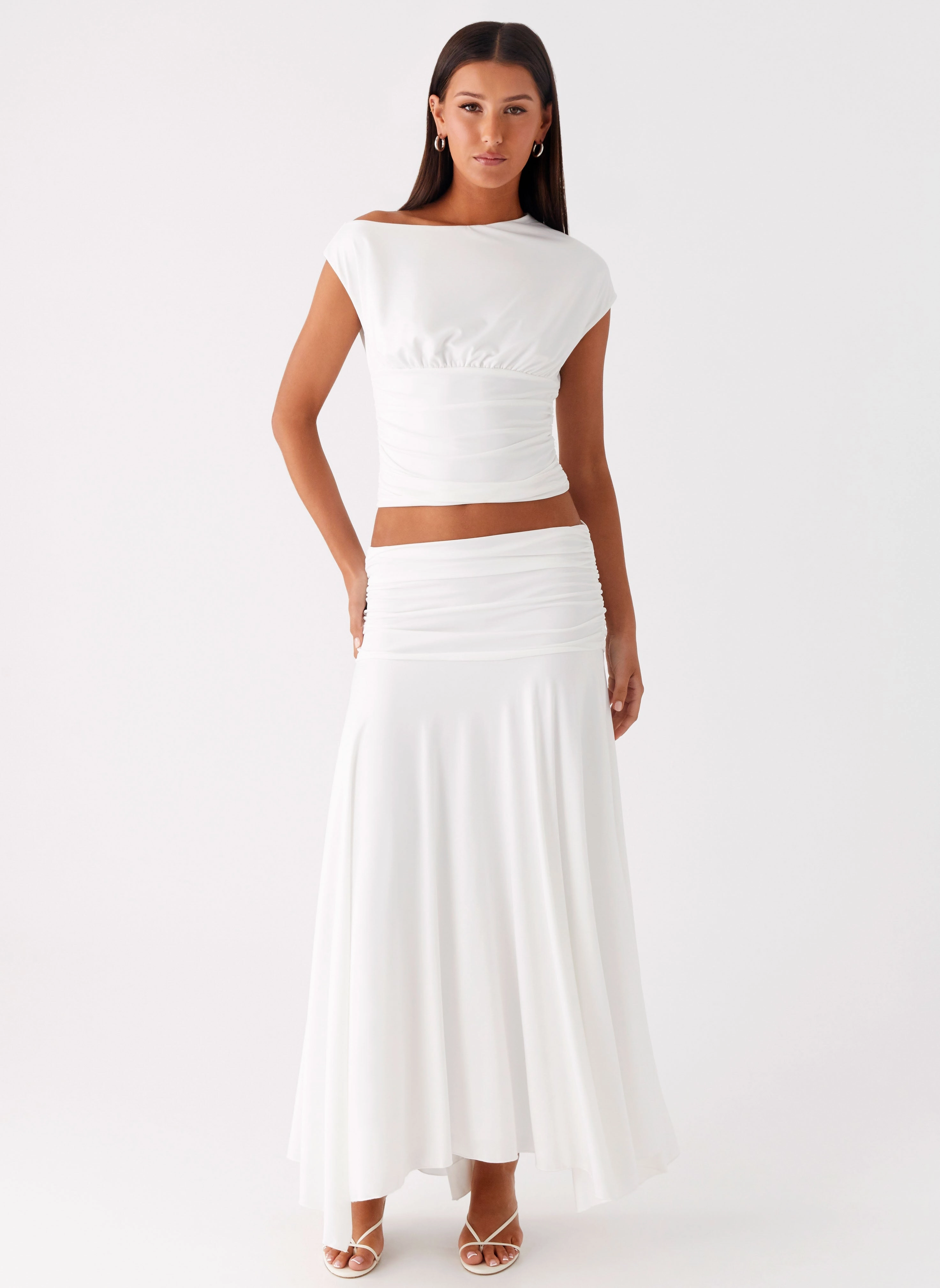 Liana Ruched Maxi Skirt - White Full Circle