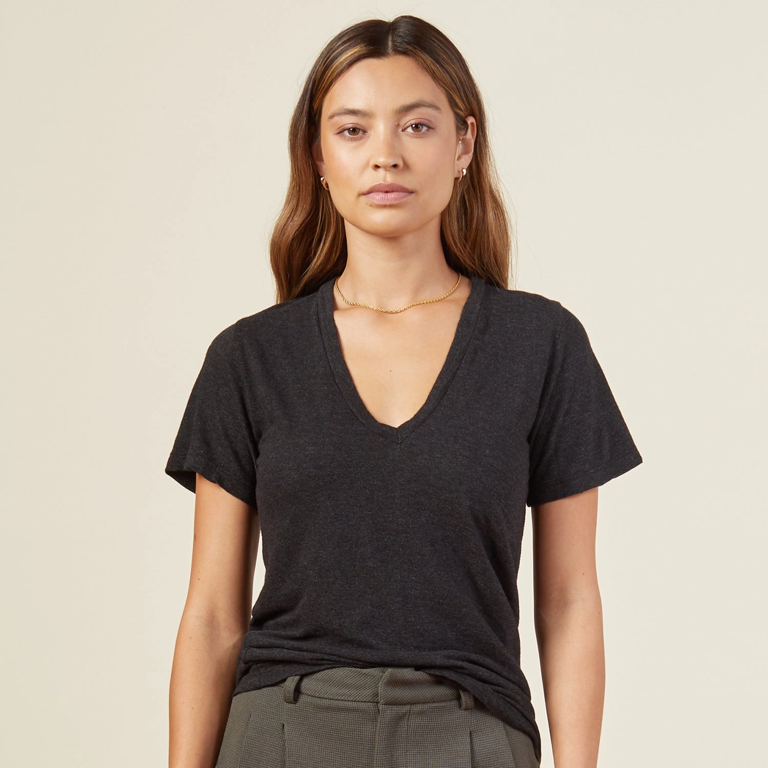 Textured Tri-Blend Fitted V Neck Tee OEKOTEX Certified Fabric Layered Collar System