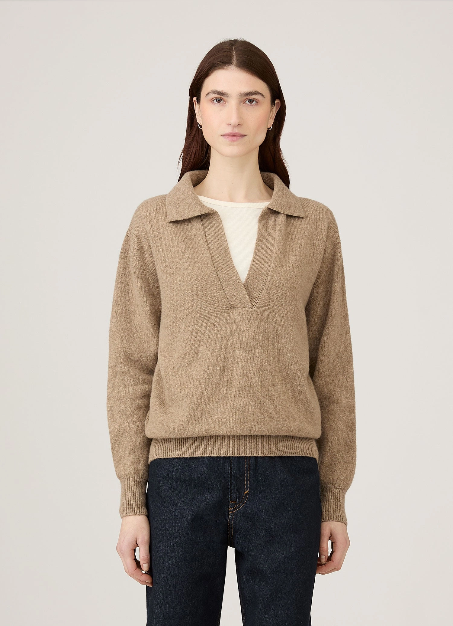 Women's Lambswool Polo Neck Jumper in Mink Soft Microfiber Surface