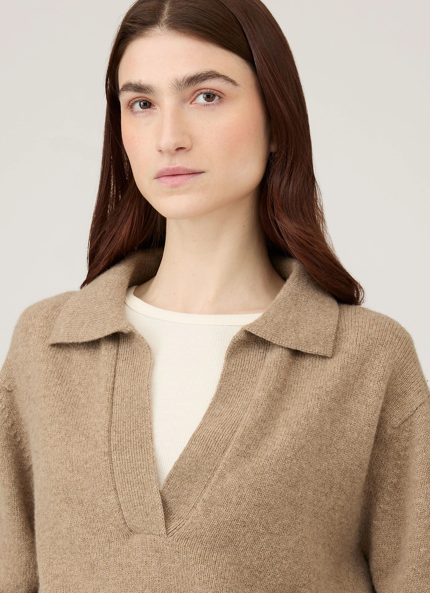 Women's Lambswool Polo Neck Jumper in Mink Gentle Tone Soft Touch Brushed Surface