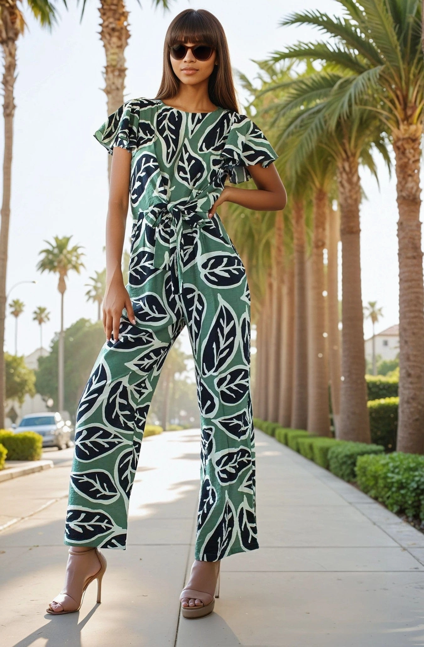 Miranda Jumpsuit With Tie Waist and Flutter Sleeves - Sage Leaf ReflectiveAccents Double Layered Hem