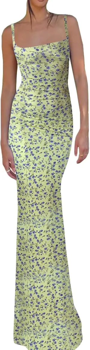 HYxwrjoker Y2K Floral Print Spaghetti Strap Bodycon Maxi Dress for Women Cutout Long Dress Sexy Backless Summer
