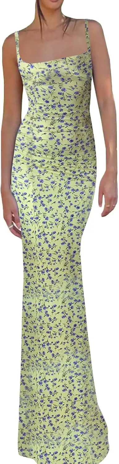 HYxwrjoker Y2K Floral Print Spaghetti Strap Bodycon Maxi Dress for Women Cutout Long Dress Sexy Backless Summer