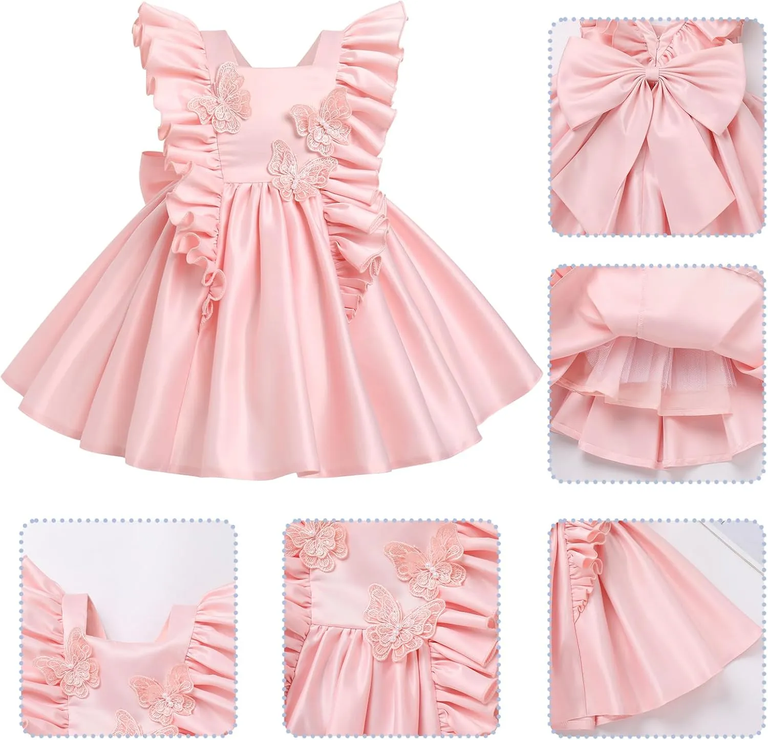 IDOPIP Flower Girl Butterfly Bow Tutu Dress for Kids Baby Princess Wedding Communion Birthday Party Pageant Baptism Dresses