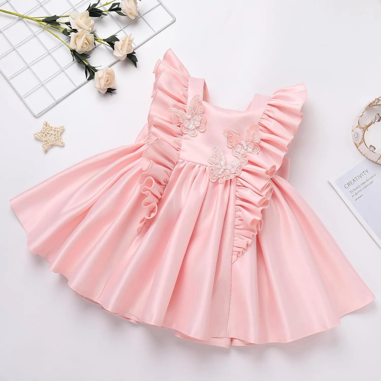 IDOPIP Flower Girl Butterfly Bow Tutu Dress for Kids Baby Princess Wedding Communion Birthday Party Pageant Baptism Dresses