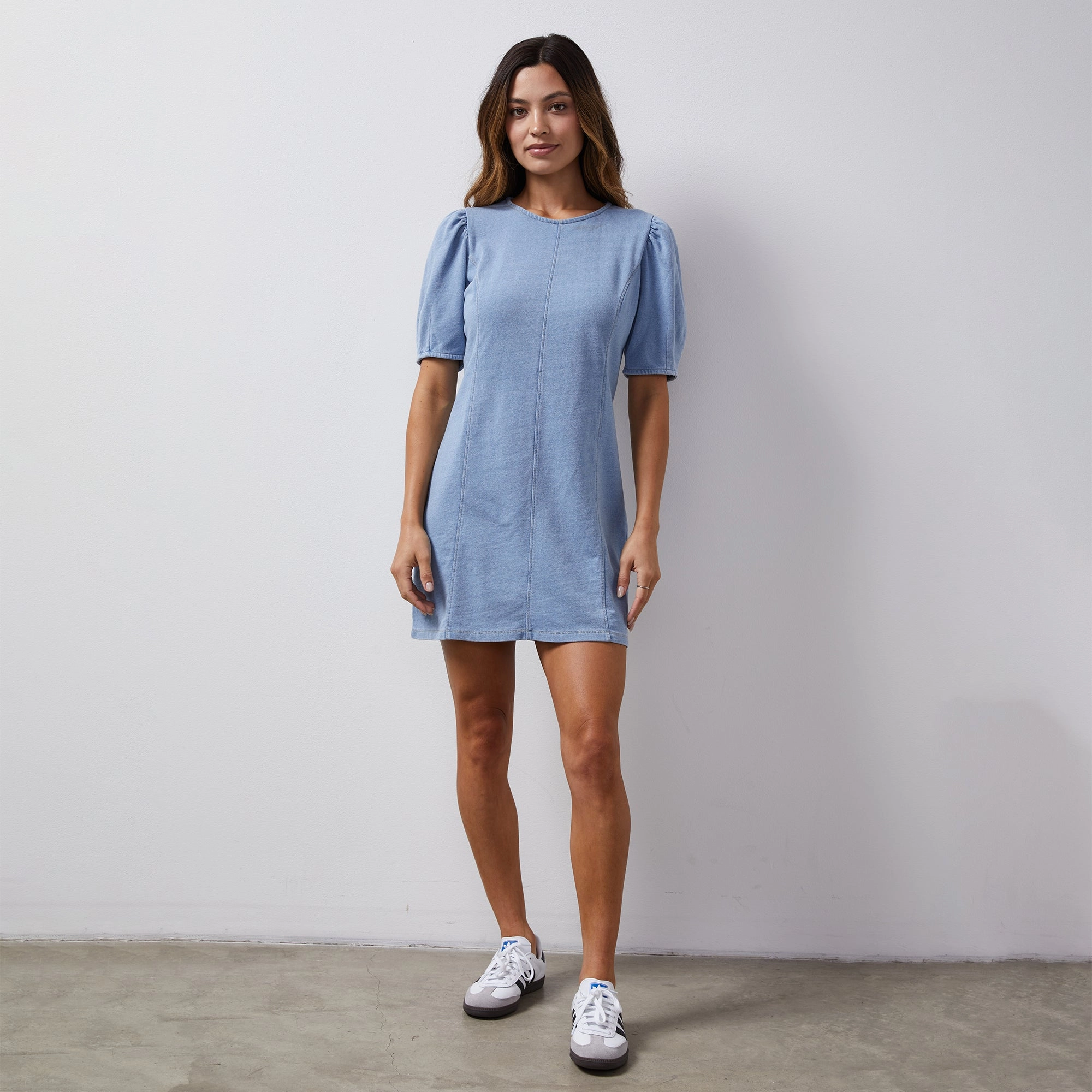 Ribbed Collar Design Indigo French Terry Seamed Dress