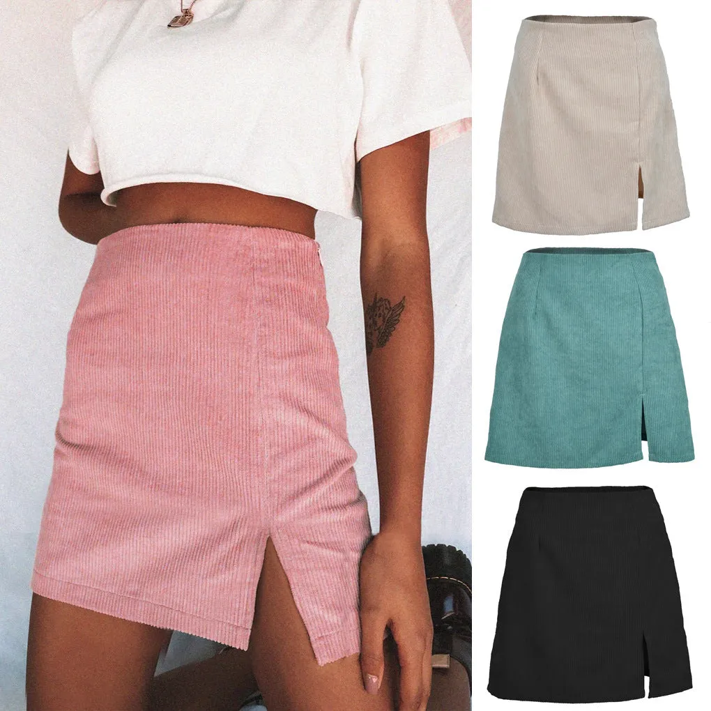 ins Europe Women High Waist Skirt Solid Colored Splitted A-Line Skirt