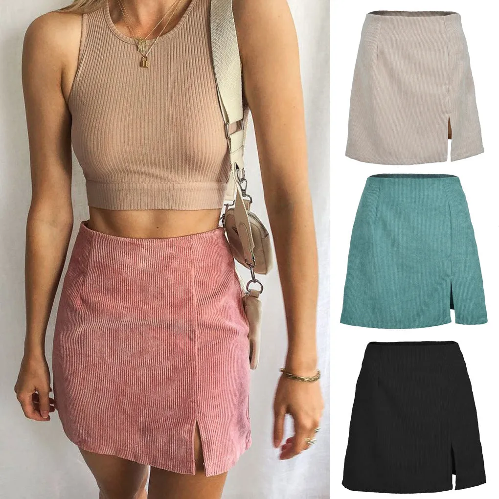 ins Europe Women High Waist Skirt Solid Colored Splitted A-Line Skirt
