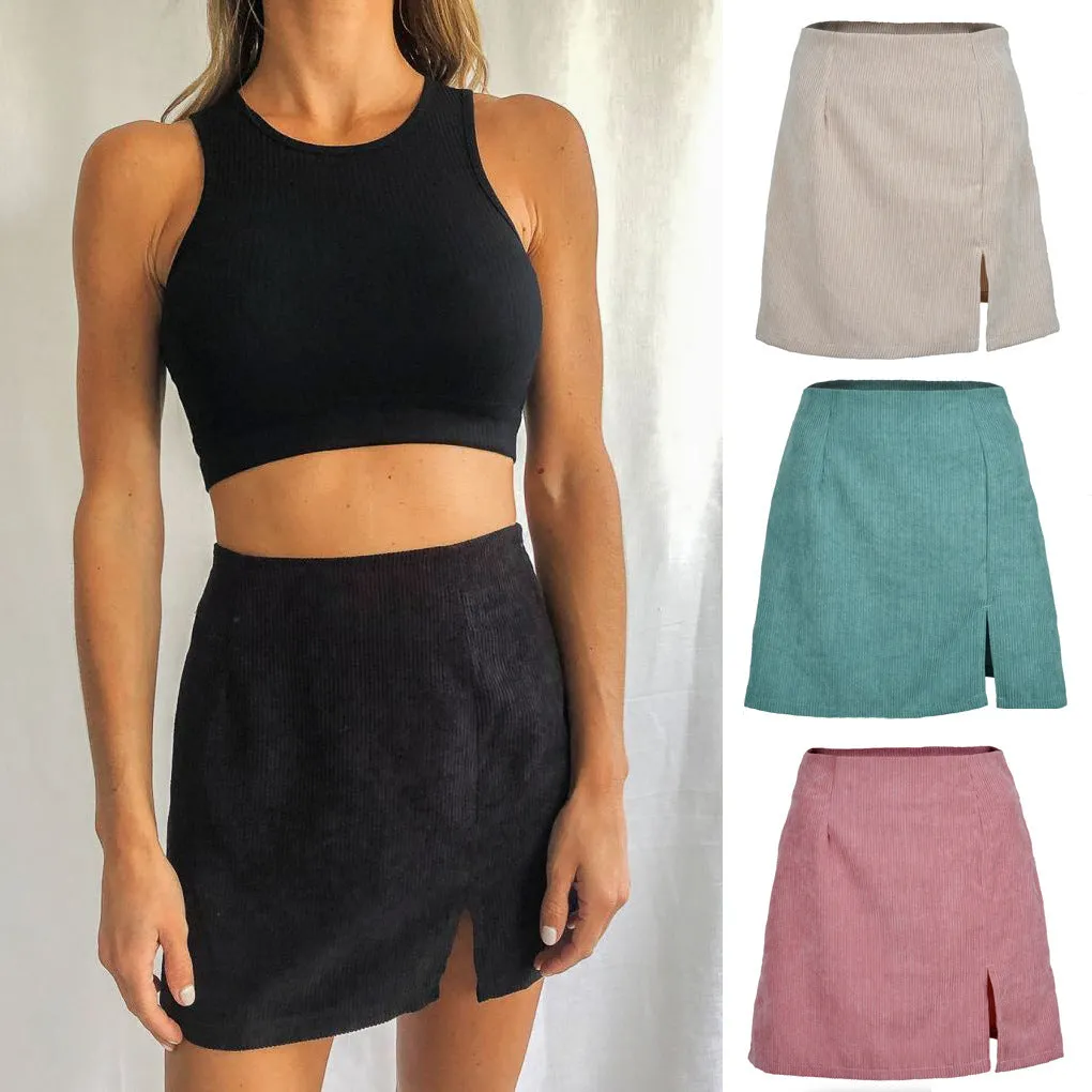 ins Europe Women High Waist Skirt Solid Colored Splitted A-Line Skirt