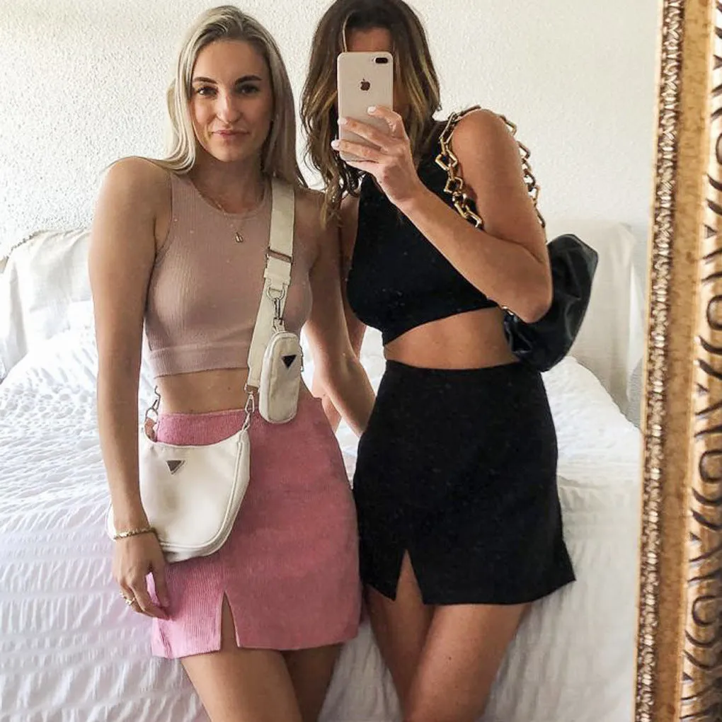 ins Europe Women High Waist Skirt Solid Colored Splitted A-Line Skirt